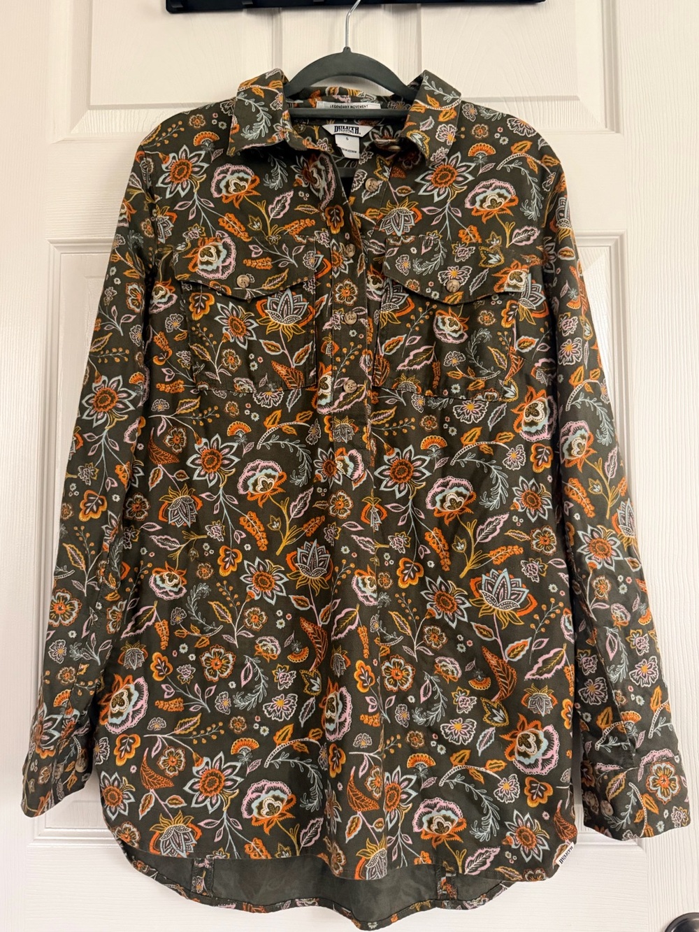 Duluth Trading Co Free Swingin Flannel Tunic S Vintage Olive Boho Floral